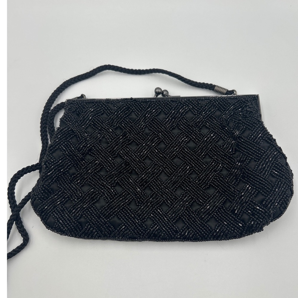 Vintage Black Beaded Evening Bag Satin Kiss Lock Clutch Crossbody Handmade 1990s